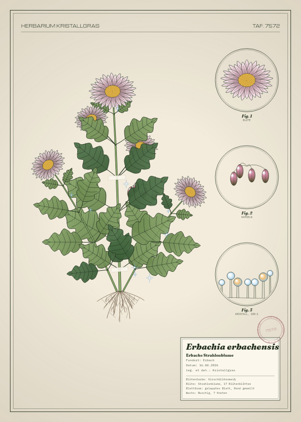Botanische Tafel: Erbachia erbachensis, eine erfundene Pflanze aus Erbach, gezeichnet wie in einem alten Pflanzenatlas