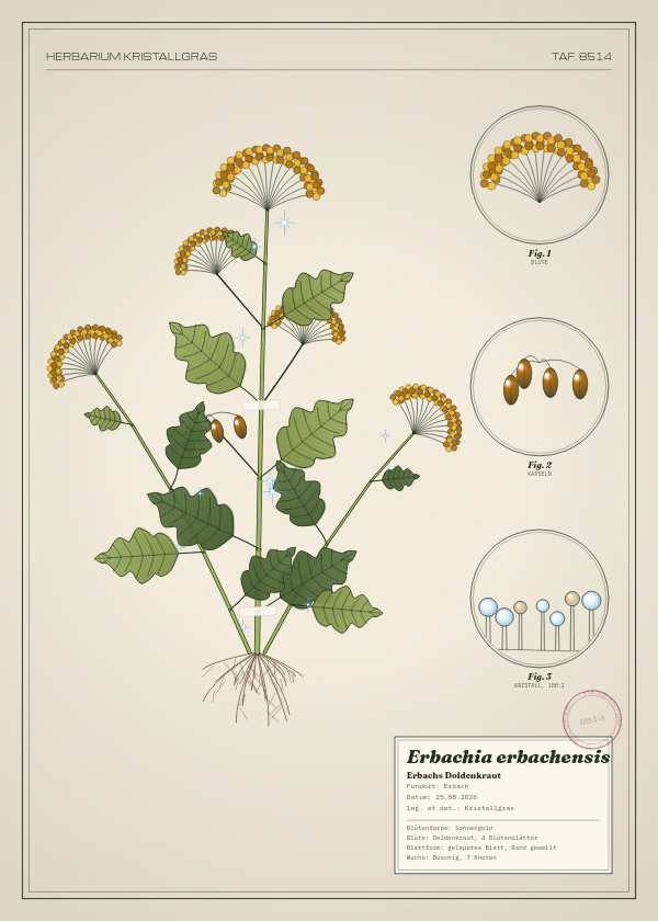 Botanische Tafel: Erbachia erbachensis, eine erfundene Pflanze aus Erbach, gezeichnet wie in einem alten Pflanzenatlas