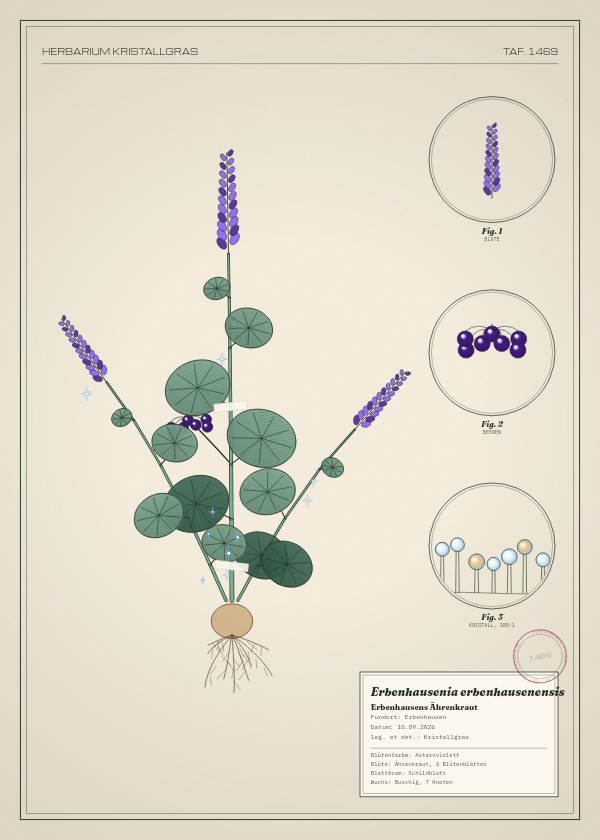 Botanische Tafel: Erbenhausenia erbenhausenensis, eine erfundene Pflanze aus Erbenhausen, gezeichnet wie in einem alten Pflanzenatlas