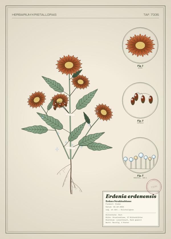 Botanische Tafel: Erdenia erdenensis, eine erfundene Pflanze aus Erden, gezeichnet wie in einem alten Pflanzenatlas