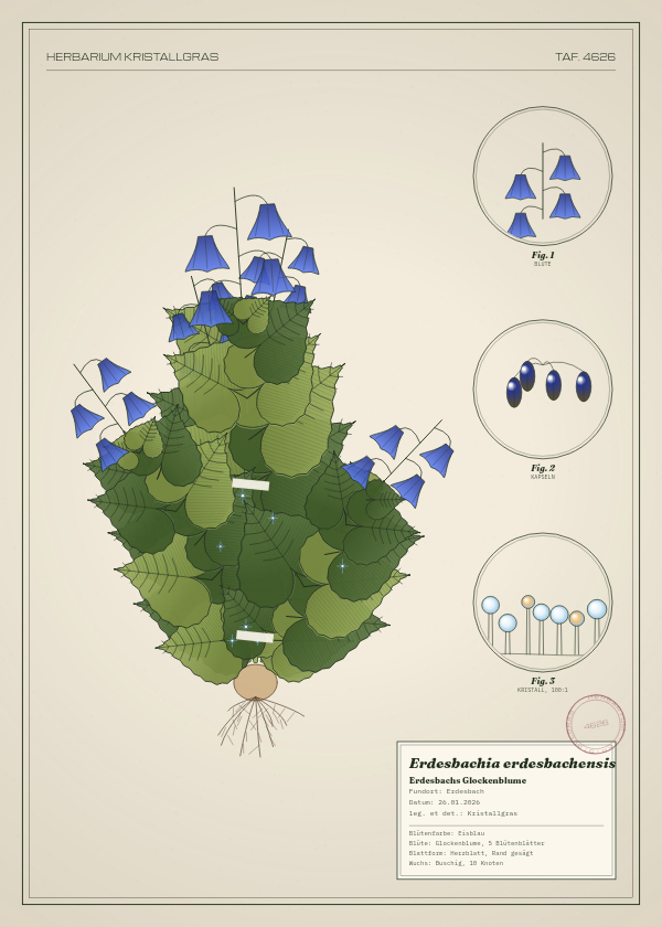 Botanische Tafel: Erdesbachia erdesbachensis, eine erfundene Pflanze aus Erdesbach, gezeichnet wie in einem alten Pflanzenatlas