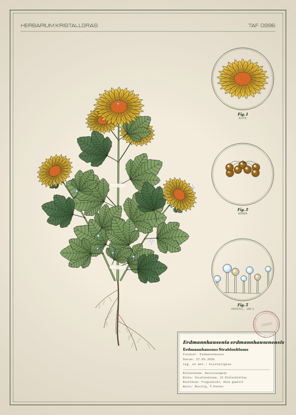 Botanische Tafel: Erdmannhausenia erdmannhausenensis, eine erfundene Pflanze aus Erdmannhausen, gezeichnet wie in einem alten Pflanzenatlas