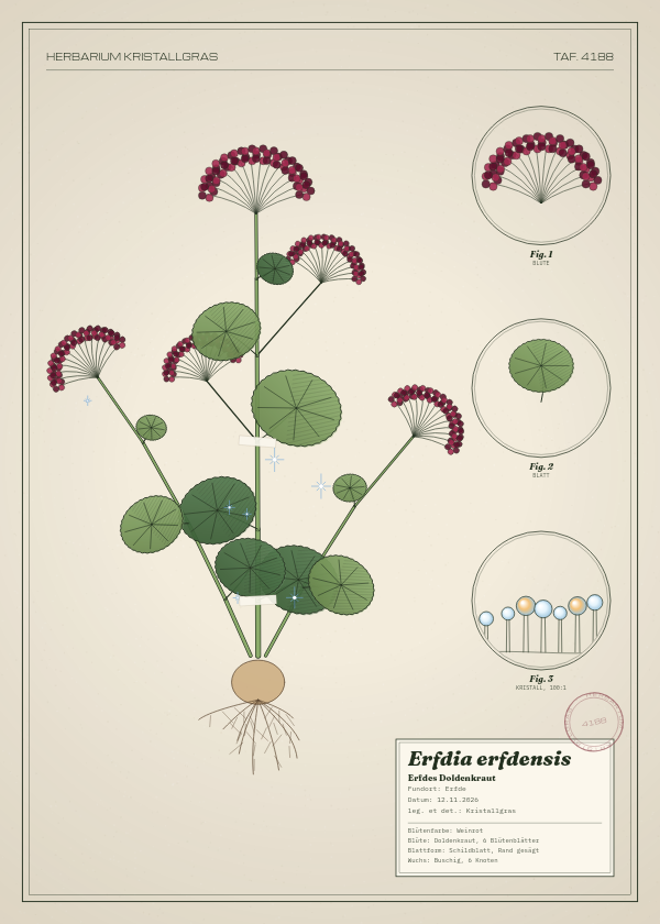 Botanische Tafel: Erfdia erfdensis, eine erfundene Pflanze aus Erfde, gezeichnet wie in einem alten Pflanzenatlas