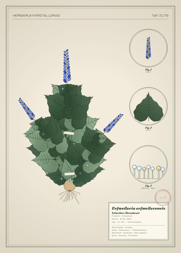 Botanische Tafel: Erfweileria erfweilerensis, eine erfundene Pflanze aus Erfweiler, gezeichnet wie in einem alten Pflanzenatlas
