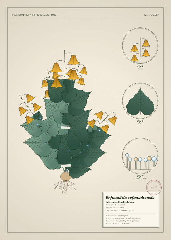 Botanische Tafel: Erftstadtia erftstadtensis, eine erfundene Pflanze aus Erftstadt, gezeichnet wie in einem alten Pflanzenatlas