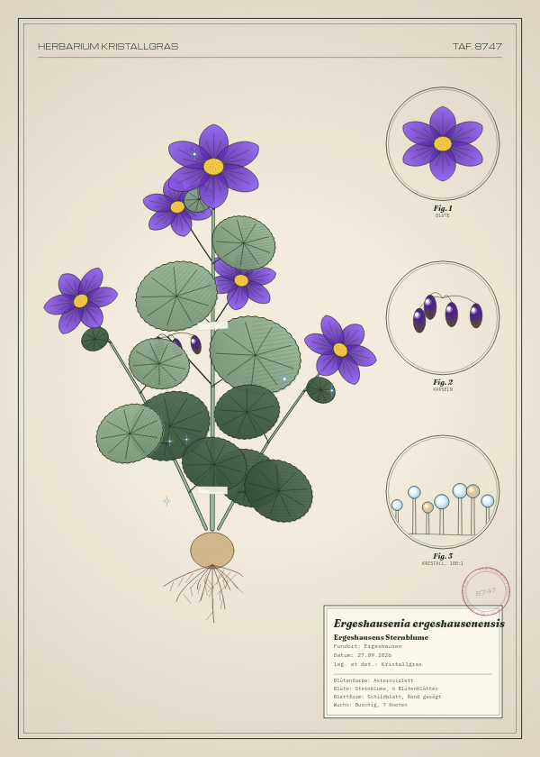 Botanische Tafel: Ergeshausenia ergeshausenensis, eine erfundene Pflanze aus Ergeshausen, gezeichnet wie in einem alten Pflanzenatlas
