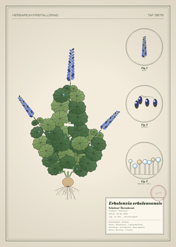 Botanische Tafel: Erkelenzia erkelenzensis, eine erfundene Pflanze aus Erkelenz, gezeichnet wie in einem alten Pflanzenatlas