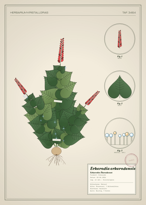 Botanische Tafel: Erkerodia erkerodensis, eine erfundene Pflanze aus Erkerode, gezeichnet wie in einem alten Pflanzenatlas