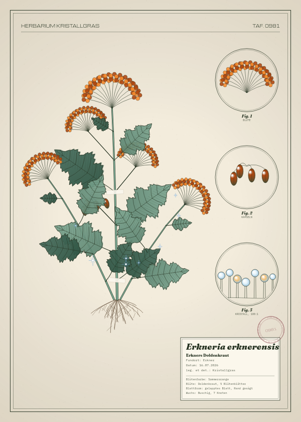 Botanische Tafel: Erkneria erknerensis, eine erfundene Pflanze aus Erkner, gezeichnet wie in einem alten Pflanzenatlas