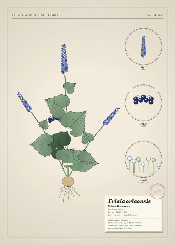 Botanische Tafel: Erlaia erlaensis, eine erfundene Pflanze aus Erlau, gezeichnet wie in einem alten Pflanzenatlas