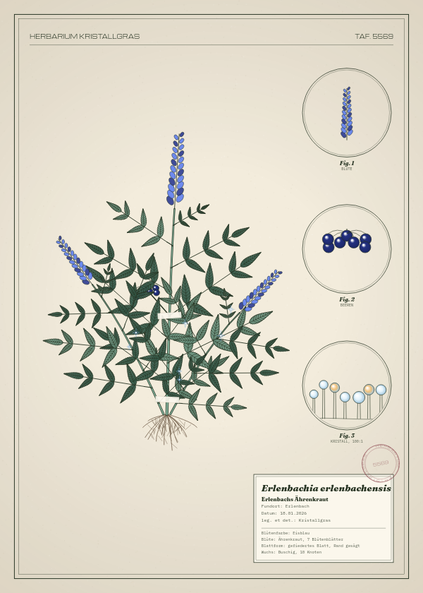 Botanische Tafel: Erlenbachia erlenbachensis, eine erfundene Pflanze aus Erlenbach, gezeichnet wie in einem alten Pflanzenatlas
