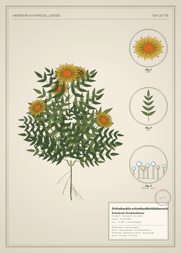 Botanische Tafel: Erlenbachia erlenbachbeidahnensis, eine erfundene Pflanze aus Erlenbach bei Dahn, gezeichnet wie in einem alten Pflanzenatlas