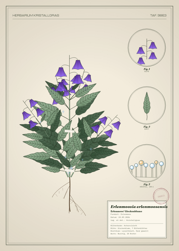 Botanische Tafel: Erlenmoosia erlenmoosensis, eine erfundene Pflanze aus Erlenmoos, gezeichnet wie in einem alten Pflanzenatlas