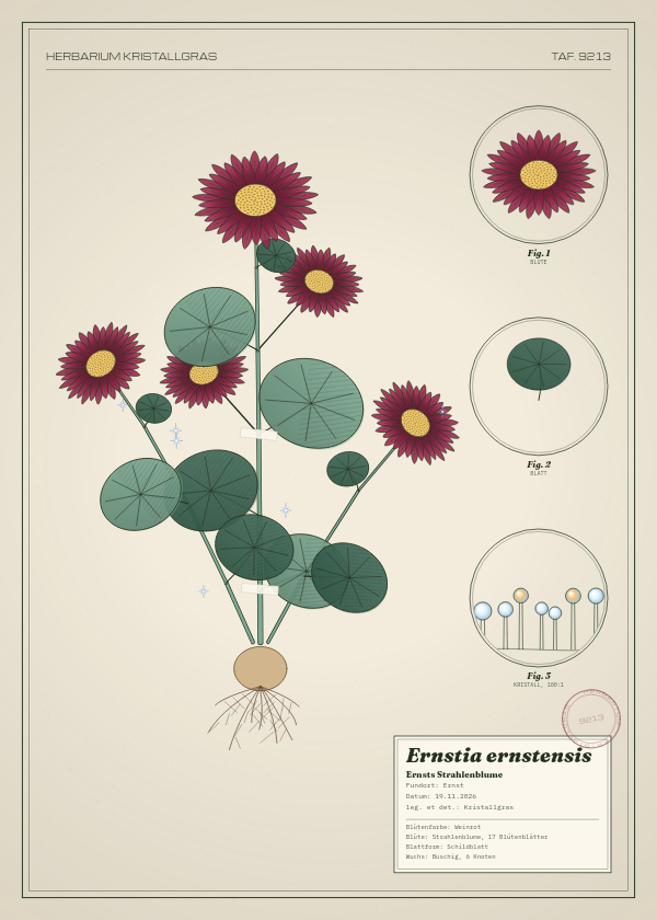 Botanische Tafel: Ernstia ernstensis, eine erfundene Pflanze aus Ernst, gezeichnet wie in einem alten Pflanzenatlas