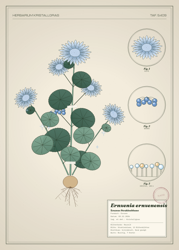 Botanische Tafel: Ernzenia ernzenensis, eine erfundene Pflanze aus Ernzen, gezeichnet wie in einem alten Pflanzenatlas
