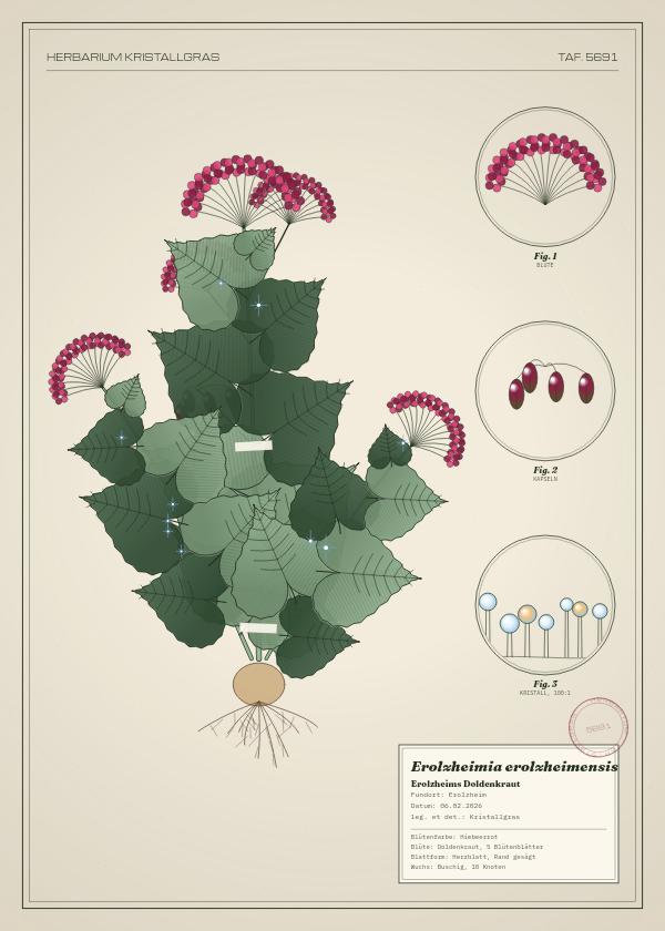 Botanische Tafel: Erolzheimia erolzheimensis, eine erfundene Pflanze aus Erolzheim, gezeichnet wie in einem alten Pflanzenatlas