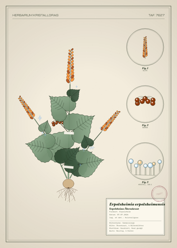 Botanische Tafel: Erpolzheimia erpolzheimensis, eine erfundene Pflanze aus Erpolzheim, gezeichnet wie in einem alten Pflanzenatlas