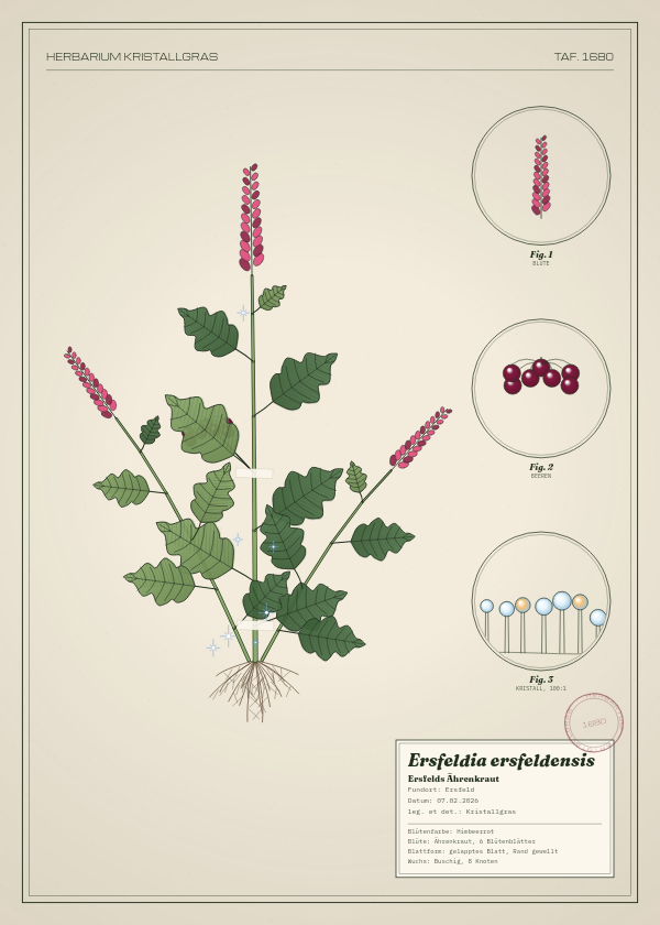 Botanische Tafel: Ersfeldia ersfeldensis, eine erfundene Pflanze aus Ersfeld, gezeichnet wie in einem alten Pflanzenatlas