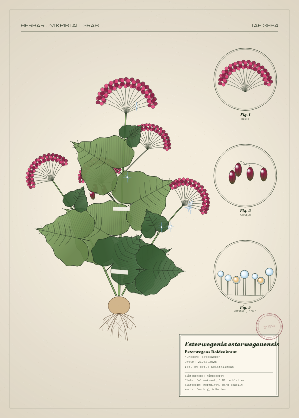 Botanische Tafel: Esterwegenia esterwegenensis, eine erfundene Pflanze aus Esterwegen, gezeichnet wie in einem alten Pflanzenatlas