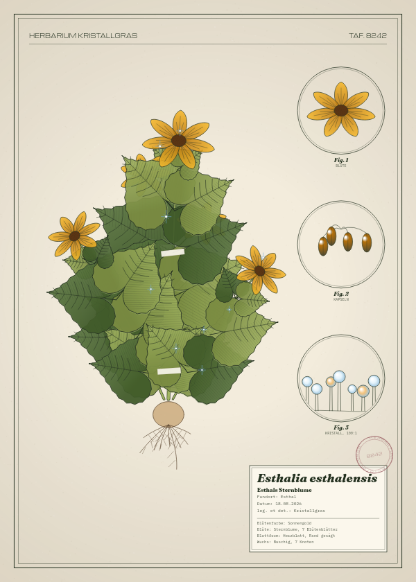 Botanische Tafel: Esthalia esthalensis, eine erfundene Pflanze aus Esthal, gezeichnet wie in einem alten Pflanzenatlas