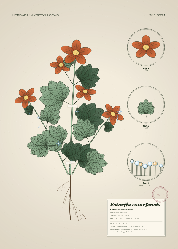 Botanische Tafel: Estorfia estorfensis, eine erfundene Pflanze aus Estorf, gezeichnet wie in einem alten Pflanzenatlas