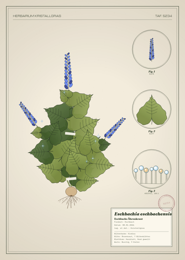 Botanische Tafel: Eschbachia eschbachensis, eine erfundene Pflanze aus Eschbach, gezeichnet wie in einem alten Pflanzenatlas