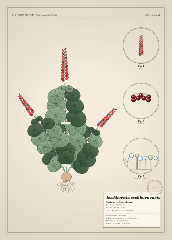 Botanische Tafel: Eschbornia eschbornensis, eine erfundene Pflanze aus Eschborn, gezeichnet wie in einem alten Pflanzenatlas
