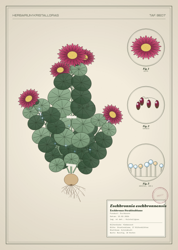Botanische Tafel: Eschbronnia eschbronnensis, eine erfundene Pflanze aus Eschbronn, gezeichnet wie in einem alten Pflanzenatlas
