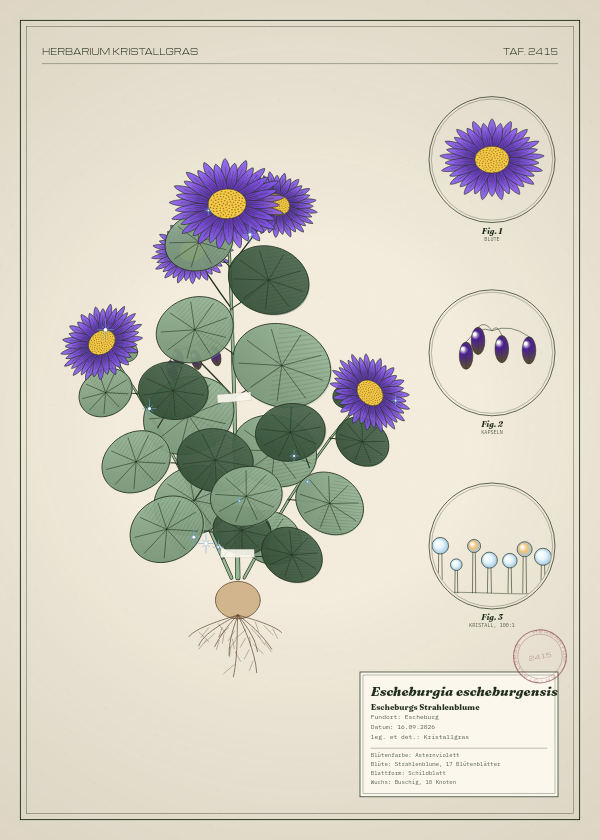 Botanische Tafel: Escheburgia escheburgensis, eine erfundene Pflanze aus Escheburg, gezeichnet wie in einem alten Pflanzenatlas