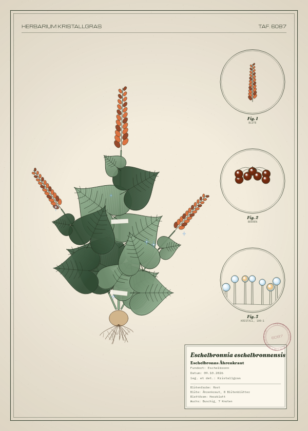 Botanische Tafel: Eschelbronnia eschelbronnensis, eine erfundene Pflanze aus Eschelbronn, gezeichnet wie in einem alten Pflanzenatlas