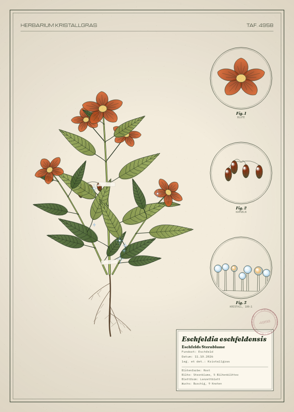 Botanische Tafel: Eschfeldia eschfeldensis, eine erfundene Pflanze aus Eschfeld, gezeichnet wie in einem alten Pflanzenatlas