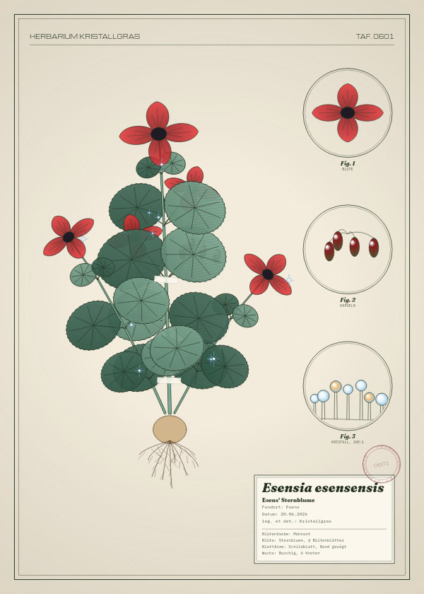 Botanische Tafel: Esensia esensensis, eine erfundene Pflanze aus Esens, gezeichnet wie in einem alten Pflanzenatlas