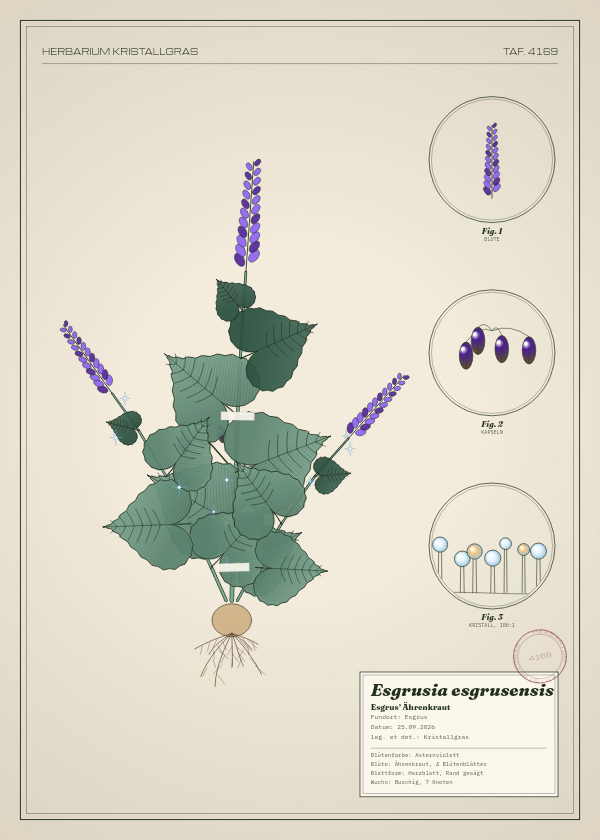 Botanische Tafel: Esgrusia esgrusensis, eine erfundene Pflanze aus Esgrus, gezeichnet wie in einem alten Pflanzenatlas