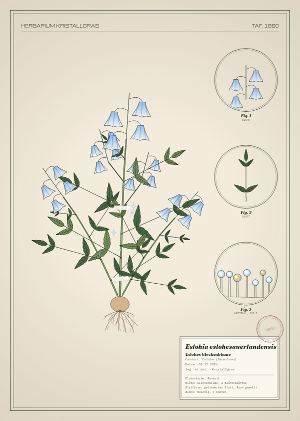 Botanische Tafel: Eslohia eslohesauerlandensis, eine erfundene Pflanze aus Eslohe (Sauerland), gezeichnet wie in einem alten Pflanzenatlas