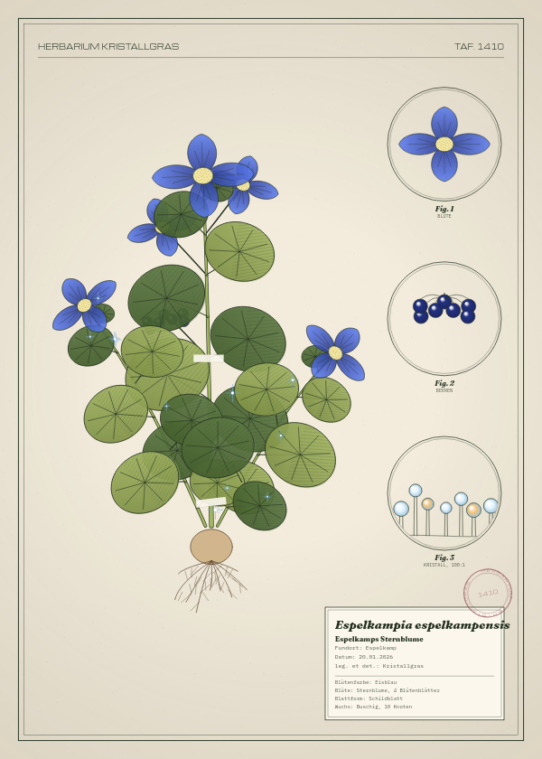 Botanische Tafel: Espelkampia espelkampensis, eine erfundene Pflanze aus Espelkamp, gezeichnet wie in einem alten Pflanzenatlas