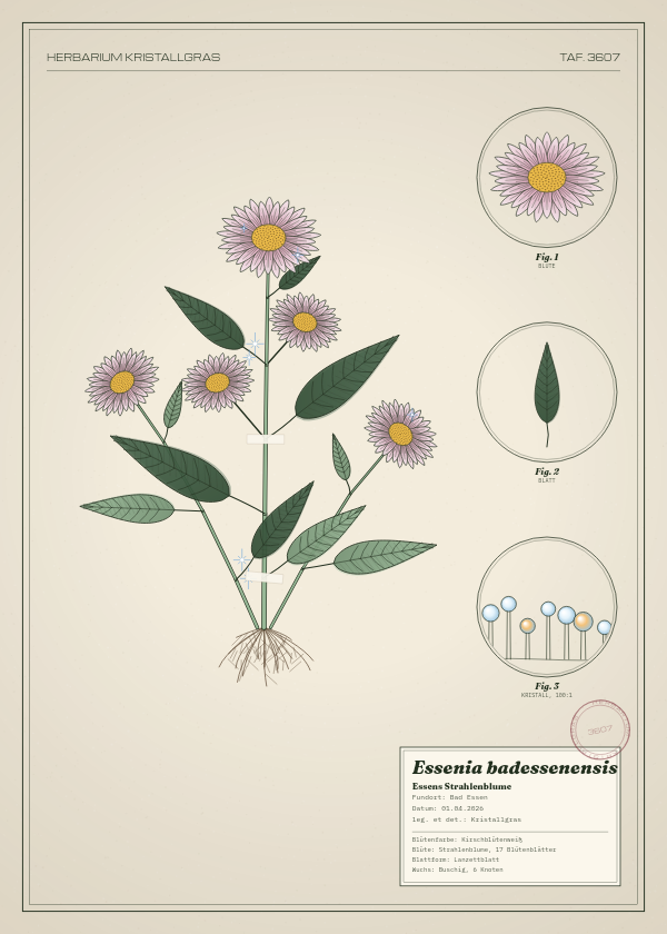 Botanische Tafel: Essenia badessenensis, eine erfundene Pflanze aus Bad Essen, gezeichnet wie in einem alten Pflanzenatlas