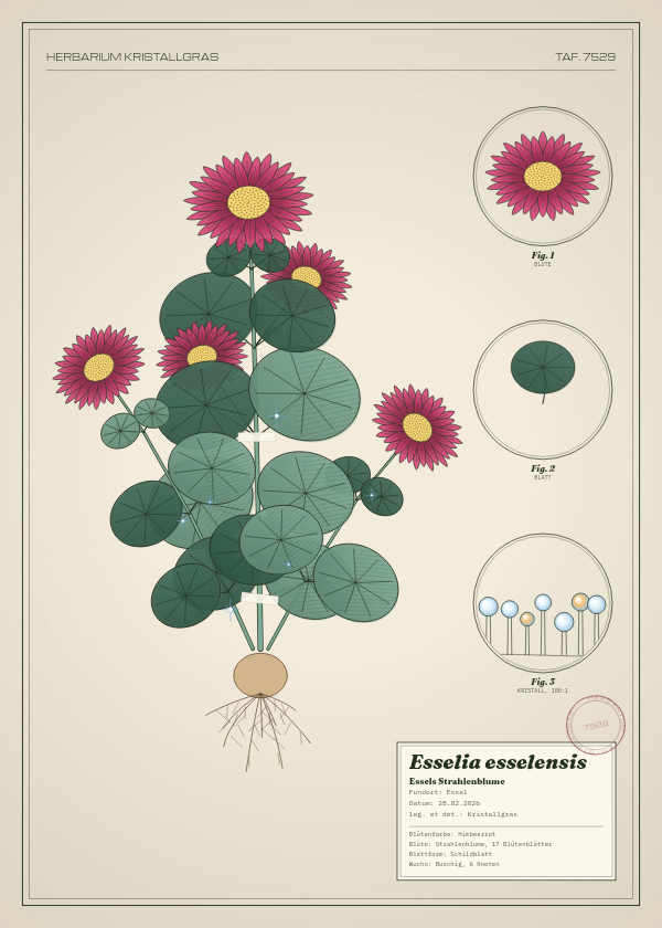 Botanische Tafel: Esselia esselensis, eine erfundene Pflanze aus Essel, gezeichnet wie in einem alten Pflanzenatlas