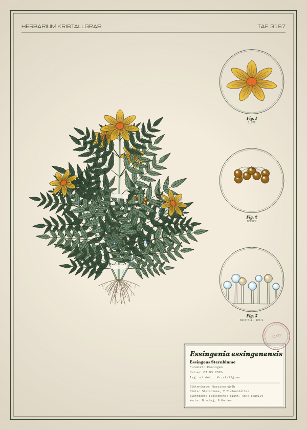 Botanische Tafel: Essingenia essingenensis, eine erfundene Pflanze aus Essingen, gezeichnet wie in einem alten Pflanzenatlas
