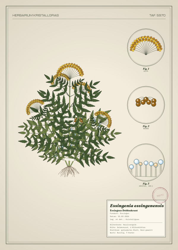 Botanische Tafel: Essingenia essingenensis, eine erfundene Pflanze aus Essingen, gezeichnet wie in einem alten Pflanzenatlas