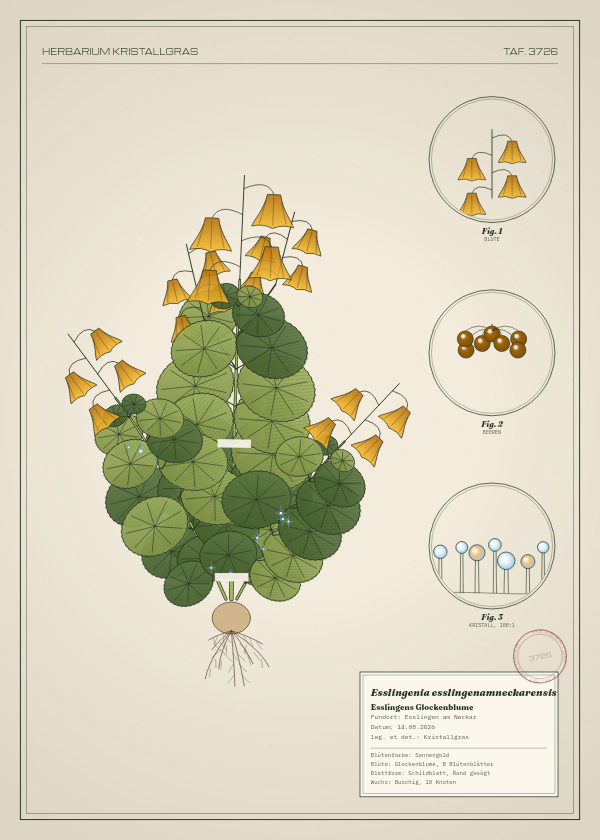 Botanische Tafel: Esslingenia esslingenamneckarensis, eine erfundene Pflanze aus Esslingen am Neckar, gezeichnet wie in einem alten Pflanzenatlas