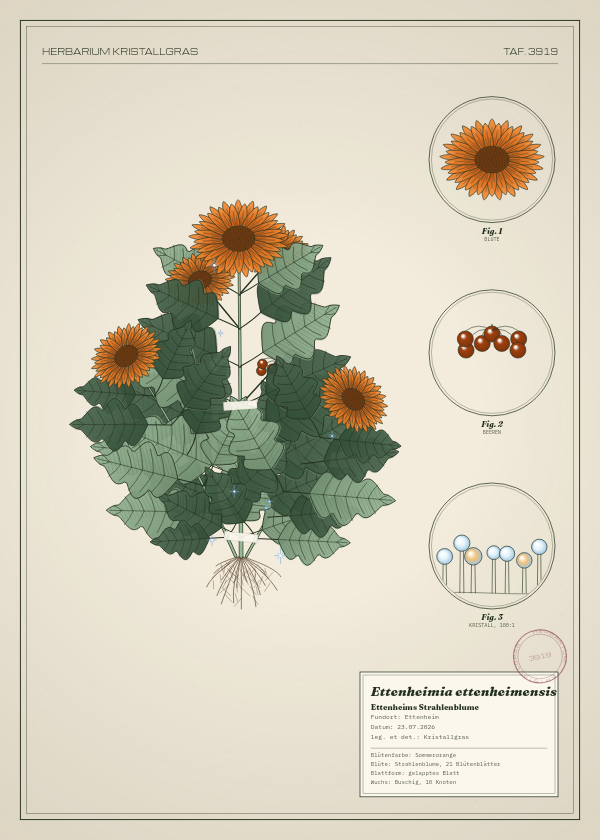 Botanische Tafel: Ettenheimia ettenheimensis, eine erfundene Pflanze aus Ettenheim, gezeichnet wie in einem alten Pflanzenatlas
