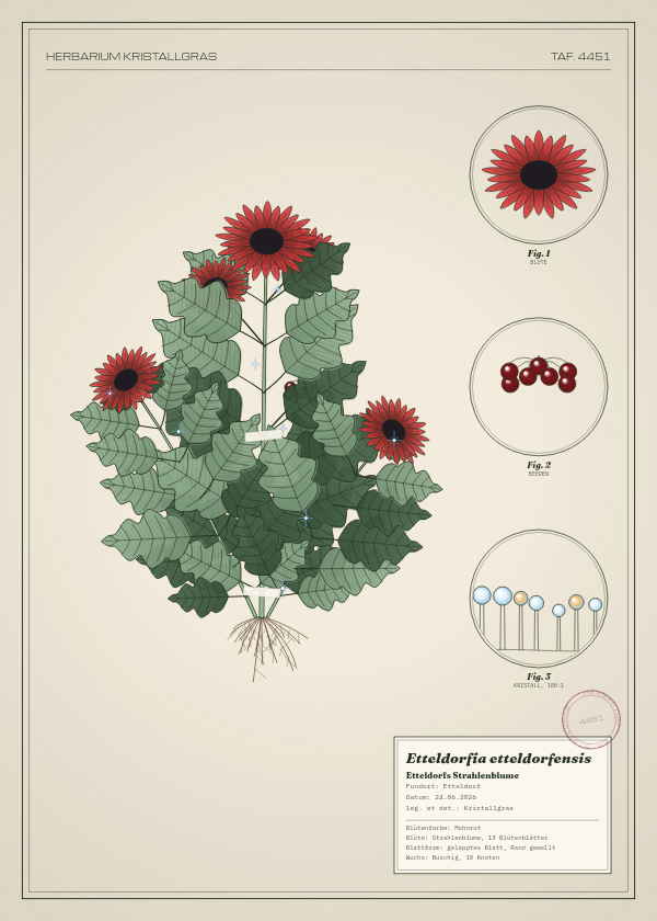 Botanische Tafel: Etteldorfia etteldorfensis, eine erfundene Pflanze aus Etteldorf, gezeichnet wie in einem alten Pflanzenatlas