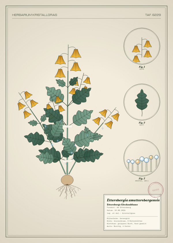 Botanische Tafel: Ettersbergia amettersbergensis, eine erfundene Pflanze aus Am Ettersberg, gezeichnet wie in einem alten Pflanzenatlas