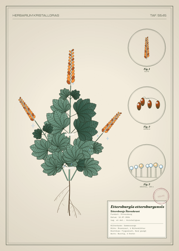 Botanische Tafel: Ettersburgia ettersburgensis, eine erfundene Pflanze aus Ettersburg, gezeichnet wie in einem alten Pflanzenatlas