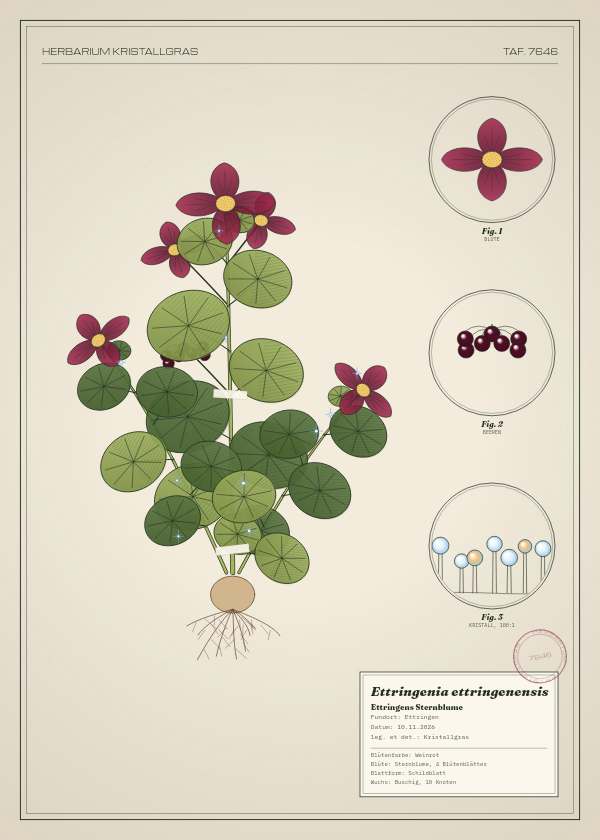 Botanische Tafel: Ettringenia ettringenensis, eine erfundene Pflanze aus Ettringen, gezeichnet wie in einem alten Pflanzenatlas