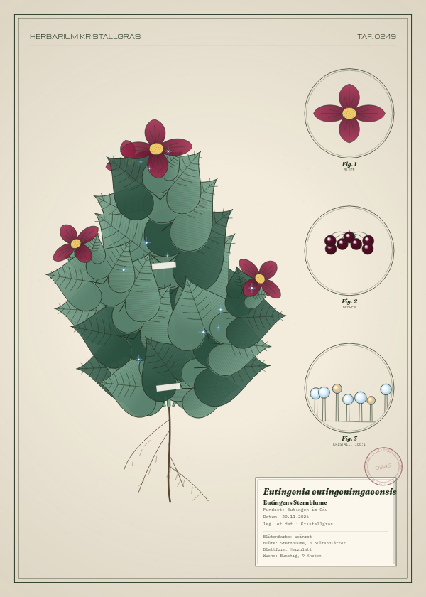 Botanische Tafel: Eutingenia eutingenimgaeensis, eine erfundene Pflanze aus Eutingen im Gäu, gezeichnet wie in einem alten Pflanzenatlas