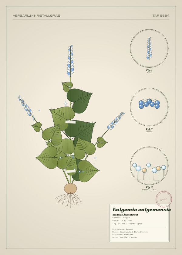 Botanische Tafel: Eulgemia eulgemensis, eine erfundene Pflanze aus Eulgem, gezeichnet wie in einem alten Pflanzenatlas