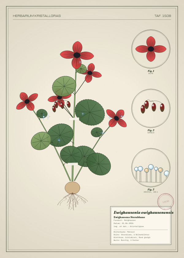 Botanische Tafel: Ewighausenia ewighausenensis, eine erfundene Pflanze aus Ewighausen, gezeichnet wie in einem alten Pflanzenatlas