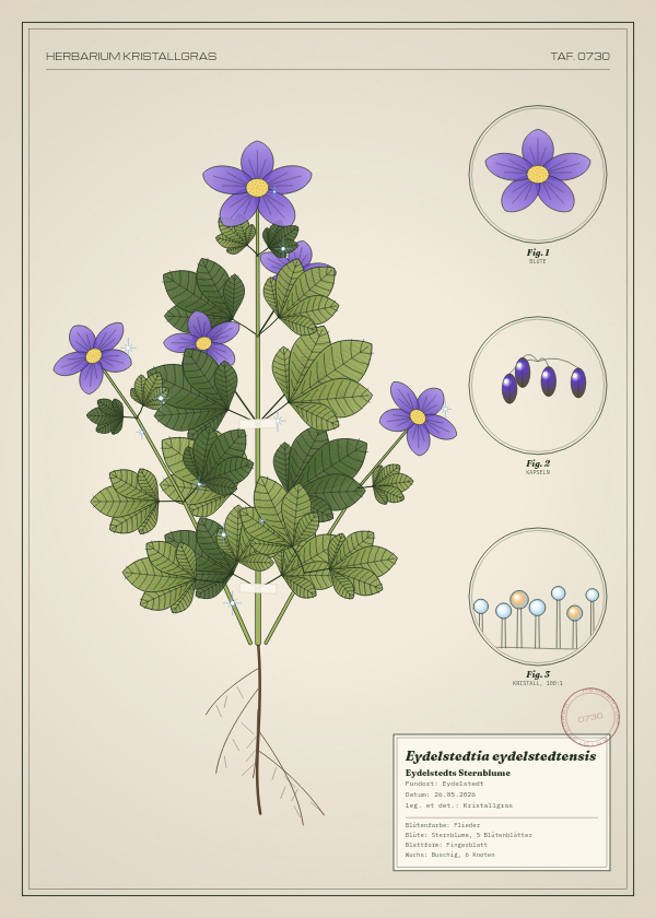 Botanische Tafel: Eydelstedtia eydelstedtensis, eine erfundene Pflanze aus Eydelstedt, gezeichnet wie in einem alten Pflanzenatlas