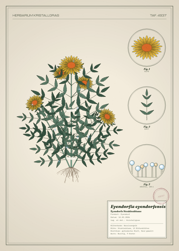 Botanische Tafel: Eyendorfia eyendorfensis, eine erfundene Pflanze aus Eyendorf, gezeichnet wie in einem alten Pflanzenatlas